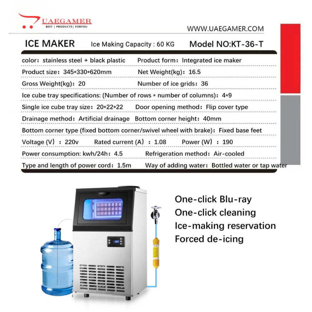 Bottled Water or Tap Water Ice Maker Machine, 40-50kg in 24H Stainless Steel Under Counter ice Machine with 17.6lbs Ice Storage Capacity, Freestanding Ice Maker.