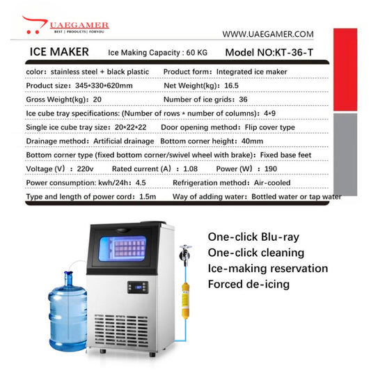 Bottled Water or Tap Water Ice Maker Machine, 40-50kg in 24H Stainless Steel Under Counter ice Machine with 17.6lbs Ice Storage Capacity, Freestanding Ice Maker.