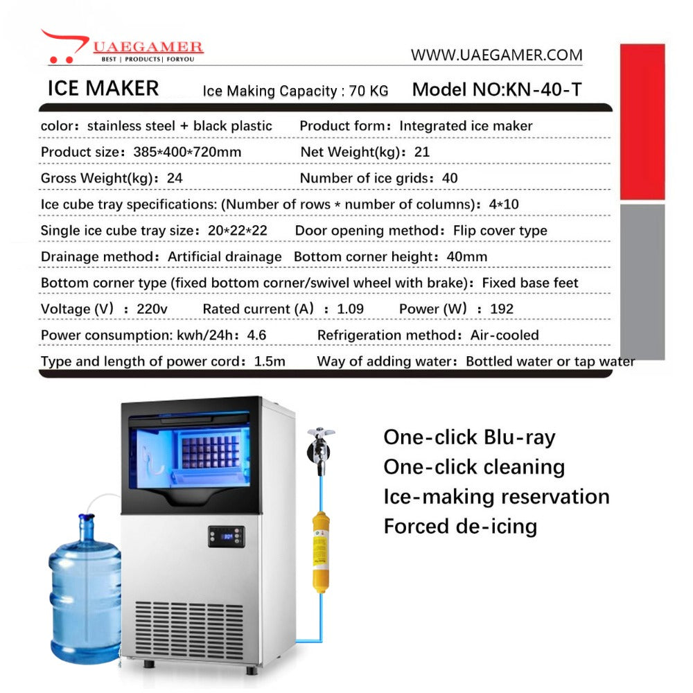 Integrated Ice Maker Machine, 60-70KGS/24H Stainless Steel Under Counter ice Machine with 10KGS Ice Storage Capacity, Freestanding Ice Maker