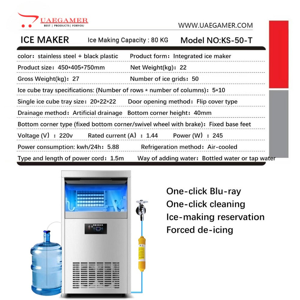 Integrated Ice Maker Machine, 70-80KGS/24H Stainless Steel Under Counter ice Machine with 12KGS Ice Storage Capacity, Freestanding Ice Maker