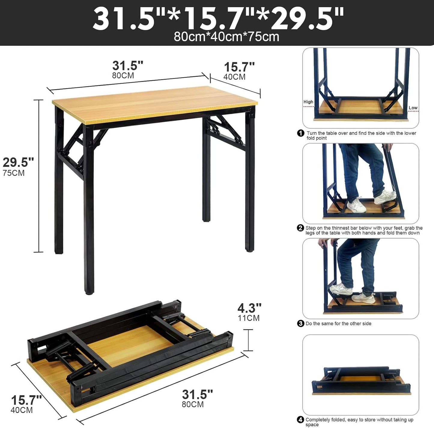 Foldable Adjustable‑Height Standing Table (80 × 40 × 75 cm) – Portable Camping, Picnic, Garden, BBQ & Coffee Table – No Assembly Needed, Yellow Top, Black Frame - COOLBABY