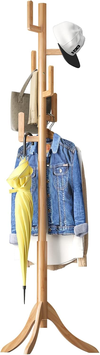 Vriccc Bamboo Cactus Coat Rack – Adjustable Freestanding Wooden Stand with 6 Hooks for Kids & Adults – Modern Coat Tree for Bedroom, Living Room, Office - COOLBABY