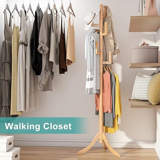Vriccc Bamboo Cactus Coat Rack – Adjustable Freestanding Wooden Stand with 6 Hooks for Kids & Adults – Modern Coat Tree for Bedroom, Living Room, Office - COOLBABY