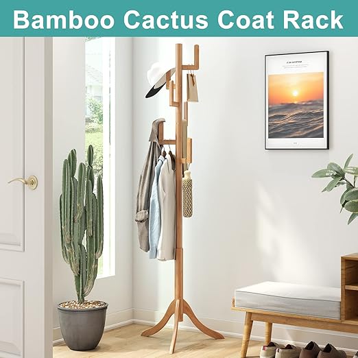 Vriccc Bamboo Cactus Coat Rack – Adjustable Freestanding Wooden Stand with 6 Hooks for Kids & Adults – Modern Coat Tree for Bedroom, Living Room, Office - COOLBABY