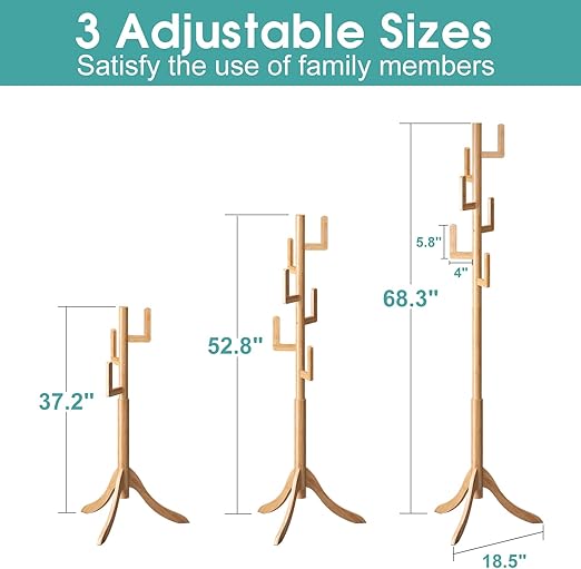 Vriccc Bamboo Cactus Coat Rack – Adjustable Freestanding Wooden Stand with 6 Hooks for Kids & Adults – Modern Coat Tree for Bedroom, Living Room, Office - COOLBABY