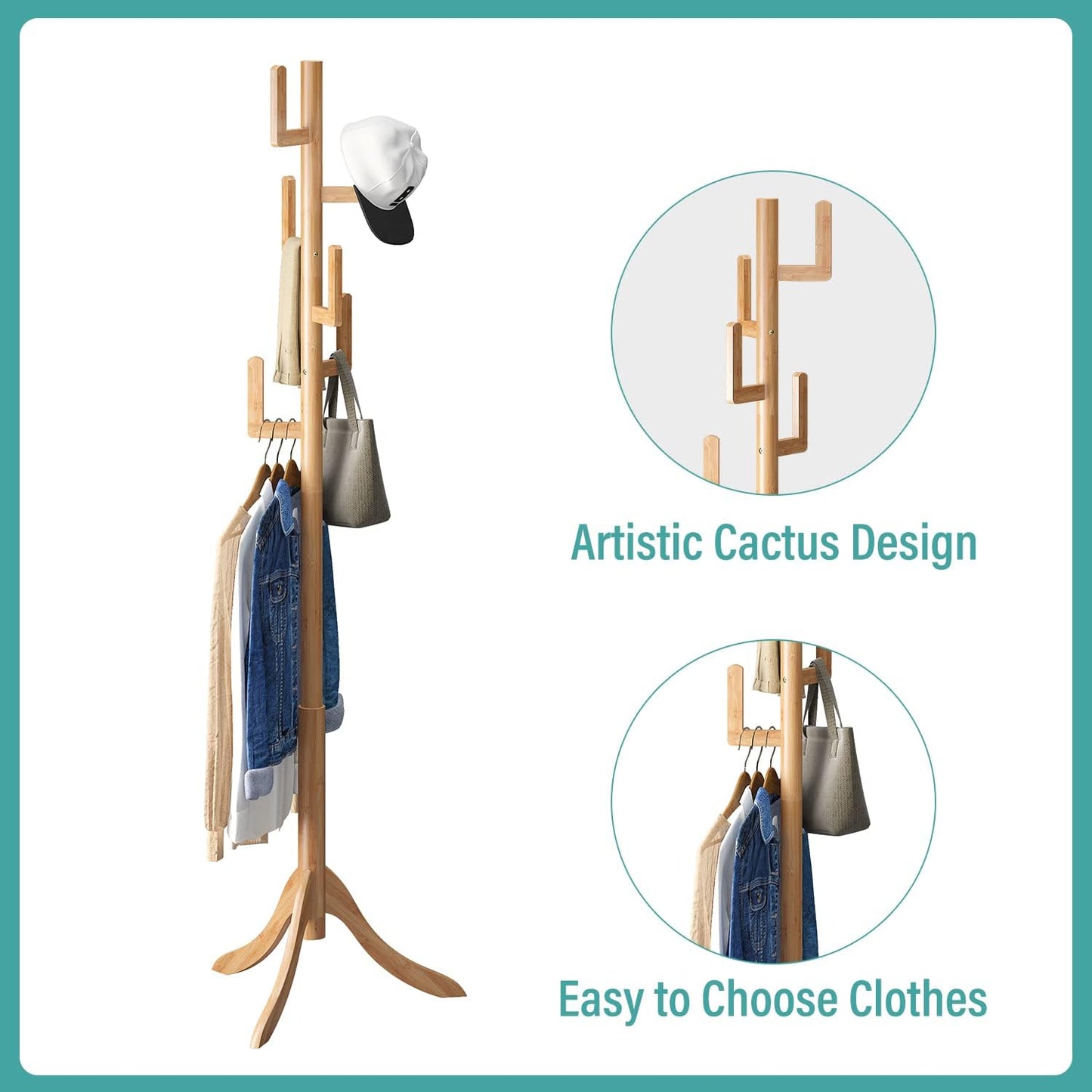 Vriccc Bamboo Cactus Coat Rack – Adjustable Freestanding Wooden Stand with 6 Hooks for Kids & Adults – Modern Coat Tree for Bedroom, Living Room, Office - COOLBABY