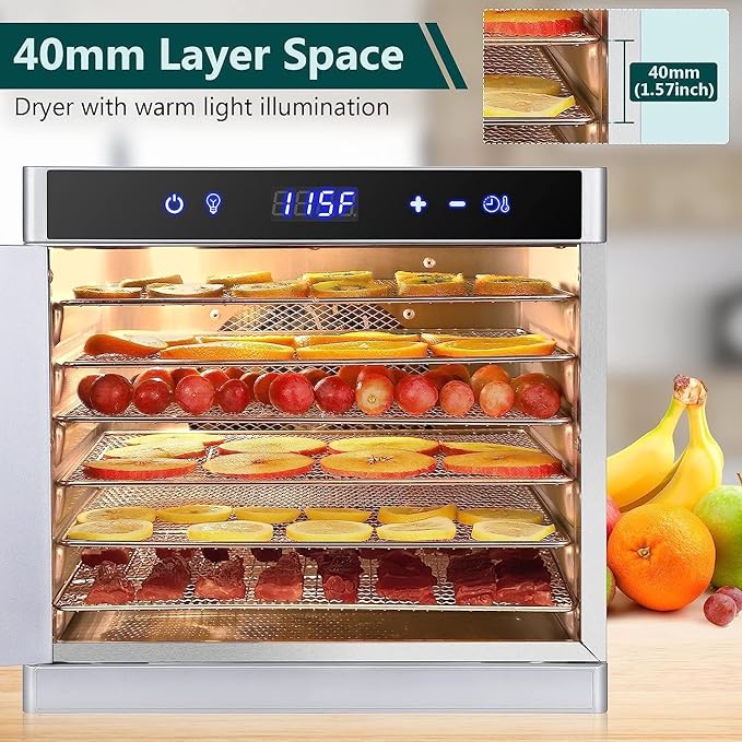 COOLBABY Food Dehydrator 6 Trays for Food Jerky, Fruit, Meat, Dog Treats, Herbs, Durable Food-grade Stainless Steel Dehydrator Machine, 220V/700W, Safety Over Heat Protection, 67 Free Recipes - COOLBABY