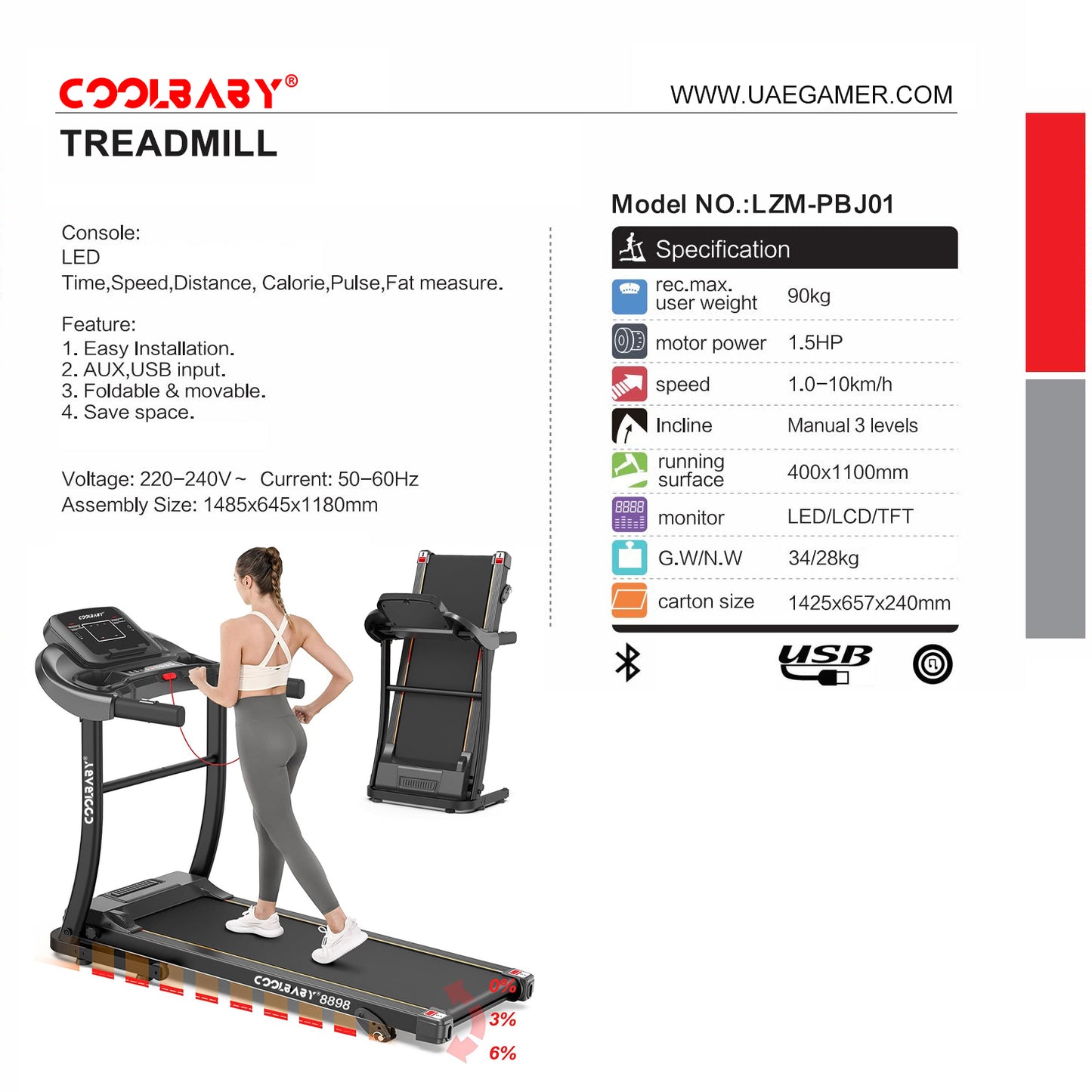 COOLBABY Folding Treadmill,1.5HP Portable Treadmill Easy Assembly Fitness Running Jogging Machine Speed 1.0-10KM/H,LZM-PBJ01