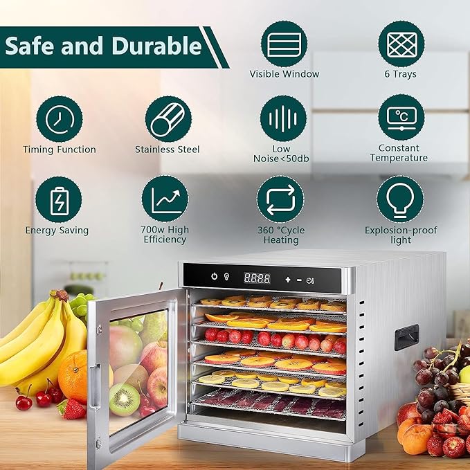 COOLBABY Food Dehydrator 6 Trays for Food Jerky, Fruit, Meat, Dog Treats, Herbs, Durable Food-grade Stainless Steel Dehydrator Machine, 220V/700W, Safety Over Heat Protection, 67 Free Recipes - COOLBABY