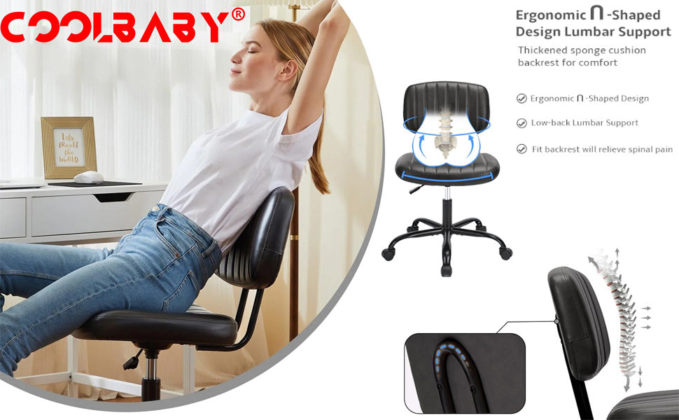 Armless Home Office Desk Chair with Wheels, Ergonomic PU Leather Task Chair, Height Adjustable, 360° Swivel, Lumbar Support - Black