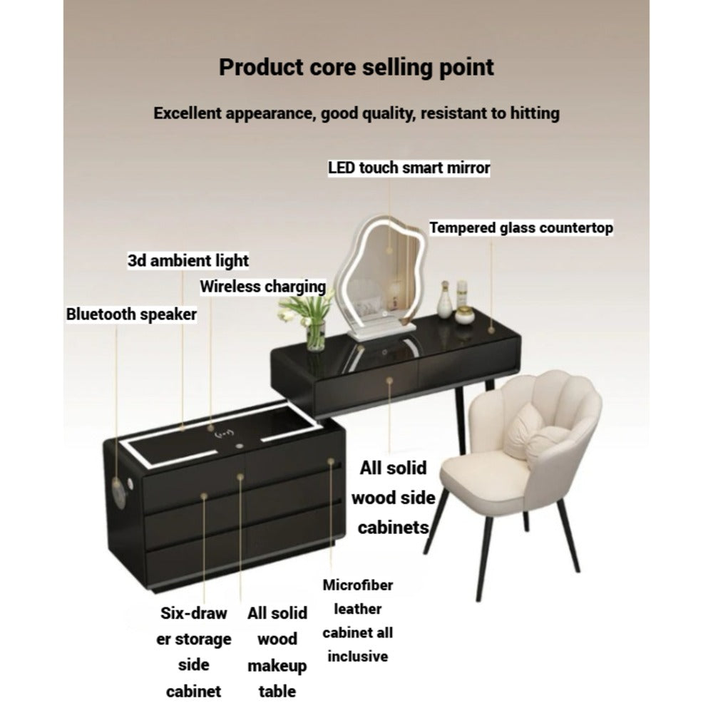 Smart Vanity Table with LED Mirror, Bluetooth Speaker, Wireless Charging - White, Solid Wood - COOLBABY