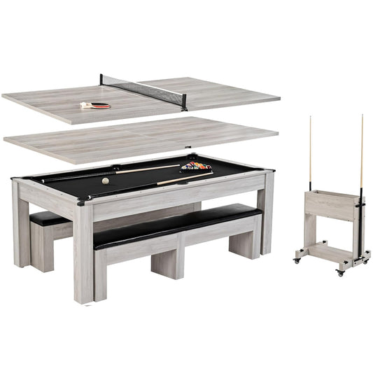 7ft 3-in-1 Convertible Multifunction Billiard Pool Table with Dining Top&Ping Pong Top with Two Benches