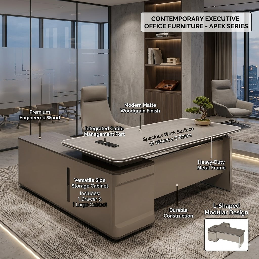 Executive Desk – Modern Executive Office Desk with Storage Cabinet & Cable Management