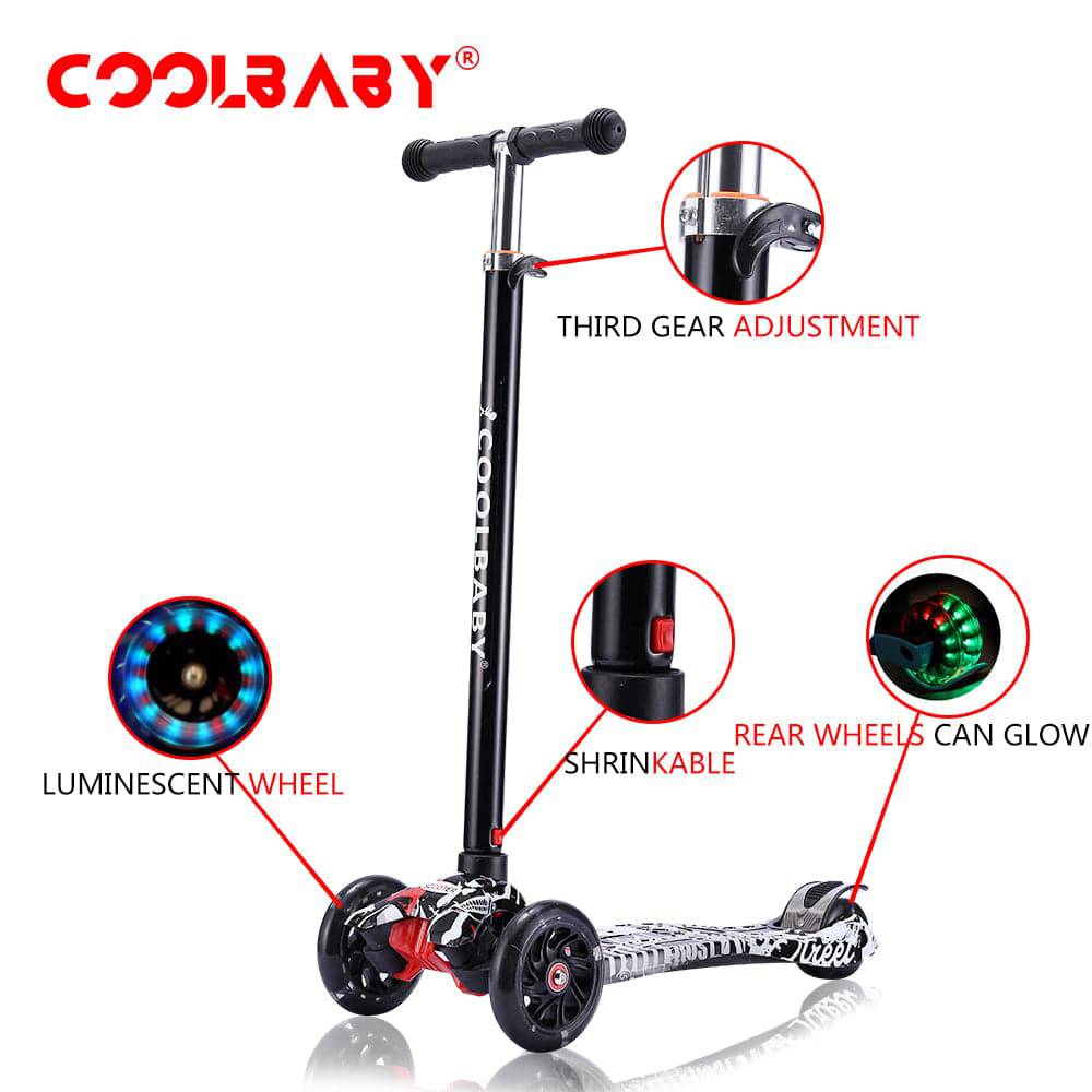 COOLBABY 036S Kids Scooter 3 Wheel  4Wheel Mini Adjustable Kick Scooter with LED Light Up Wheels - COOL BABY