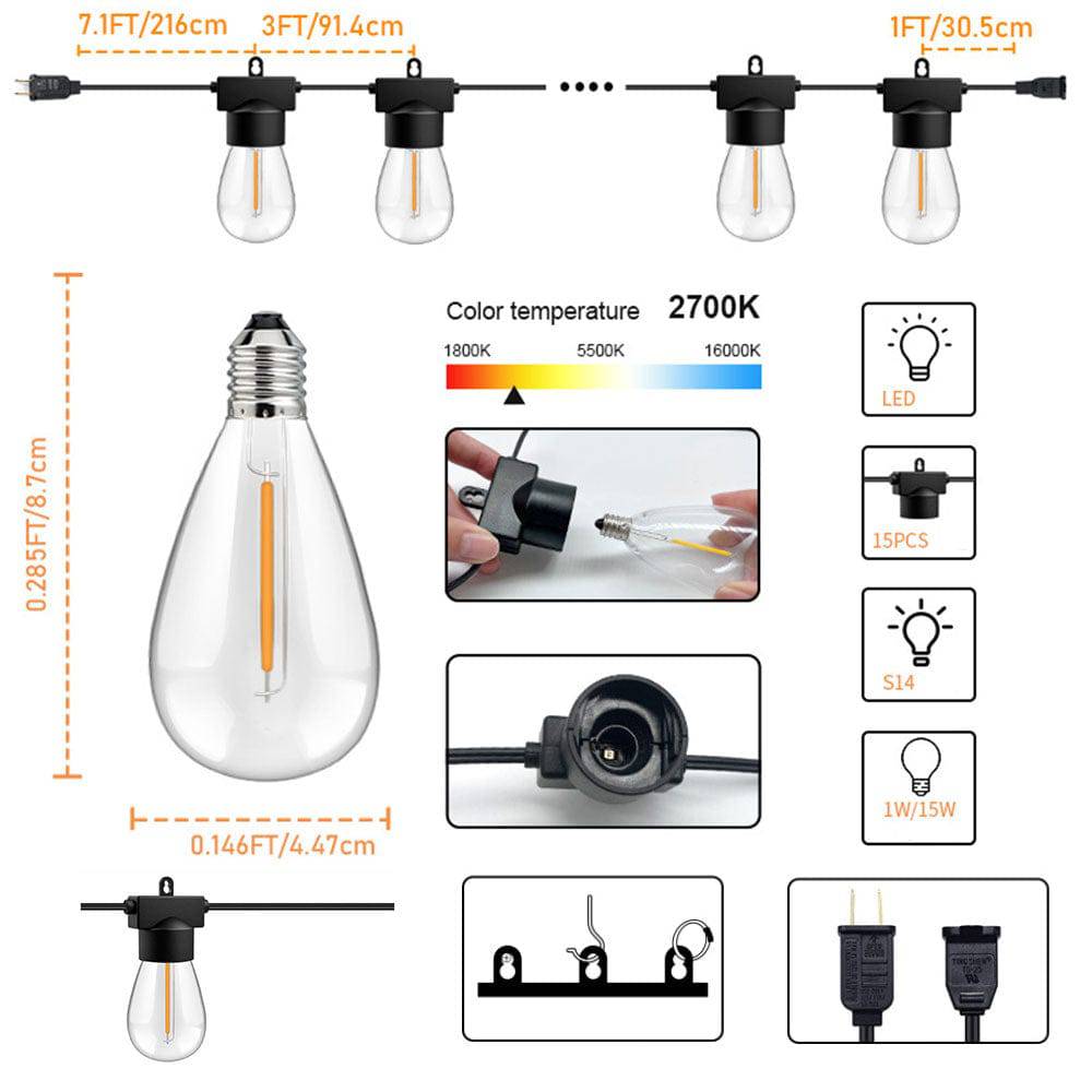 COOLBABY 50Ft(15m) S14 Outdoor Warm Lights with 15 Bulbs +1 Spare Bulb - COOLBABY