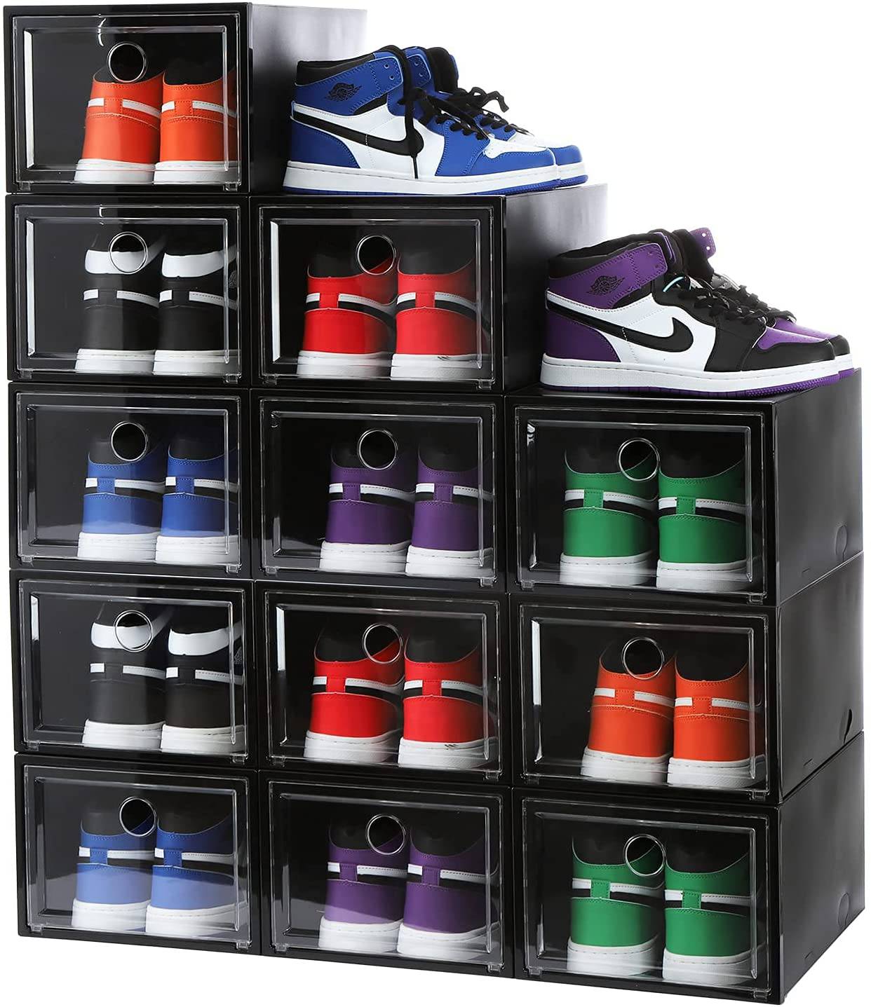 COOLBABY 6 Pack Shoe Storage Box Clear Plastic Stack-able Drop Front Shoe Organiser - COOLBABY