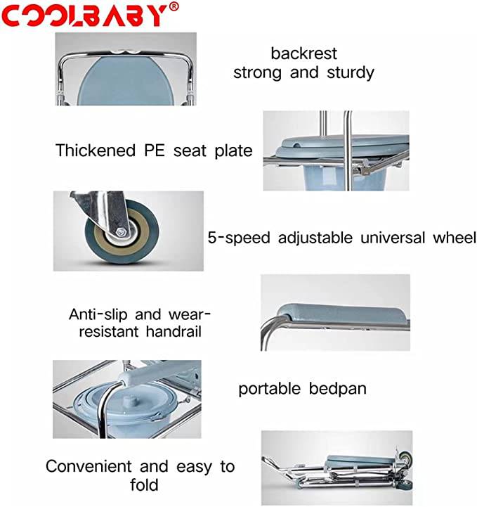 COOLBABY Aluminium alloy toilet seat with pulley, multi-function, easy-to-remove mobile bath chair, 5-speed height adjustment - COOLBABY