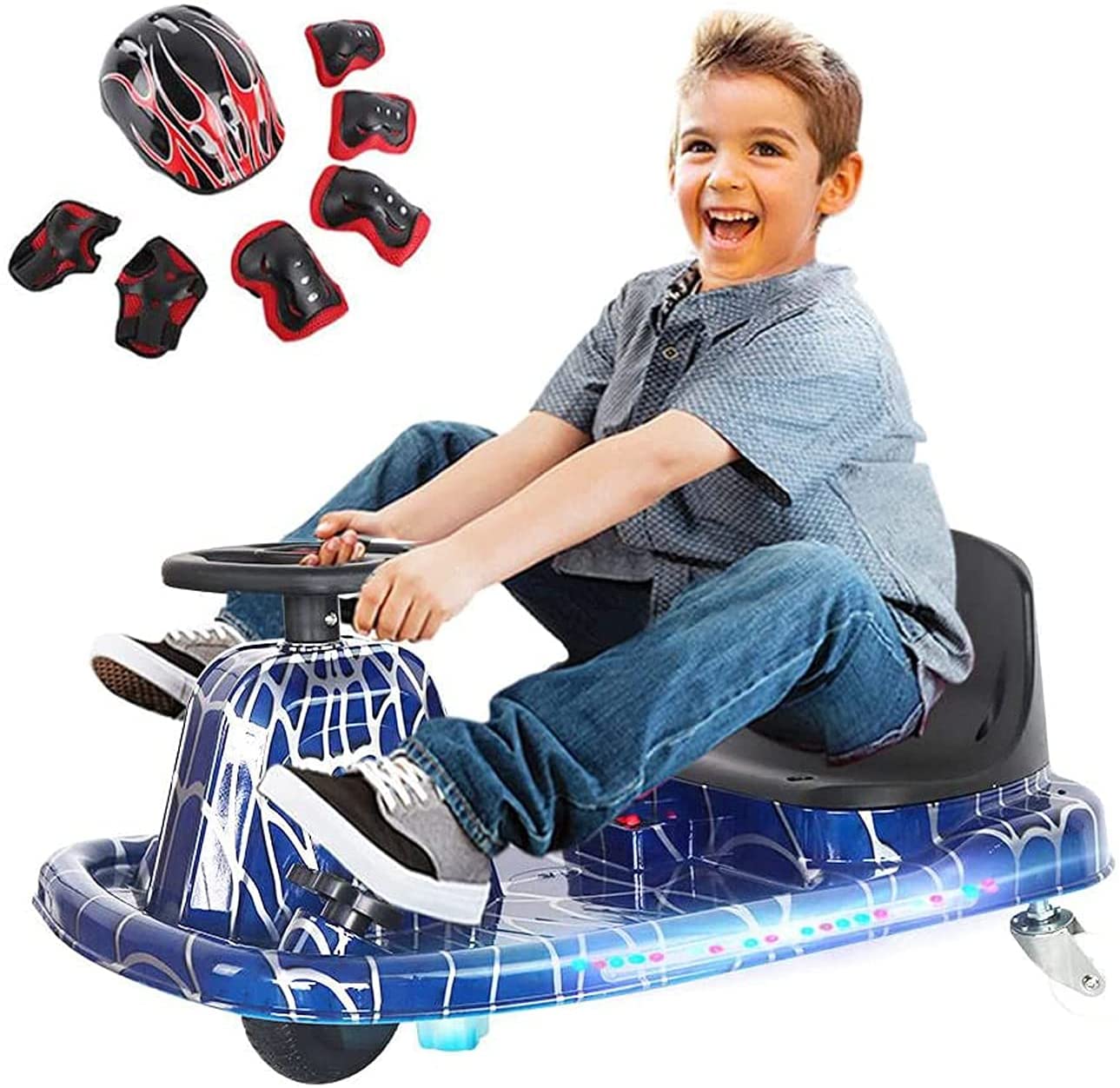 COOLBABY DP7H Drift Crazy Cart Electric Scooter Go Kart for Kids 3 Wheel Ride On Scooter Toy With LED Light & Helmet Protective Gear - COOLBABY
