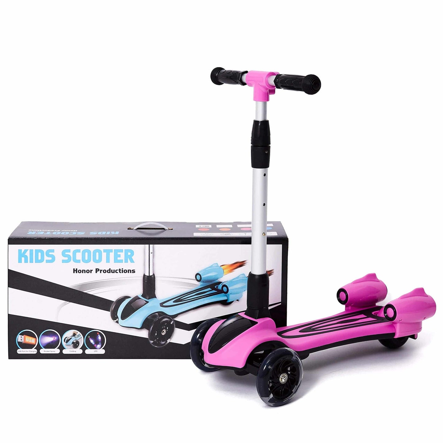 COOLBABY FL818 Kick Scooter for Kids, 3-Wheel Spray Rocket Scooter, Adjustable Height, Foldable Scooter with Dynamic Spray Effect & Music - COOLBABY