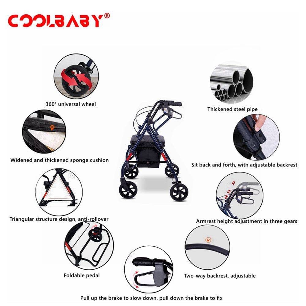 COOLBABY Foldable Trolley Walker for the Elderly – Sturdy, Adjustable, and Multipurpose Mobility Aid - COOLBABY