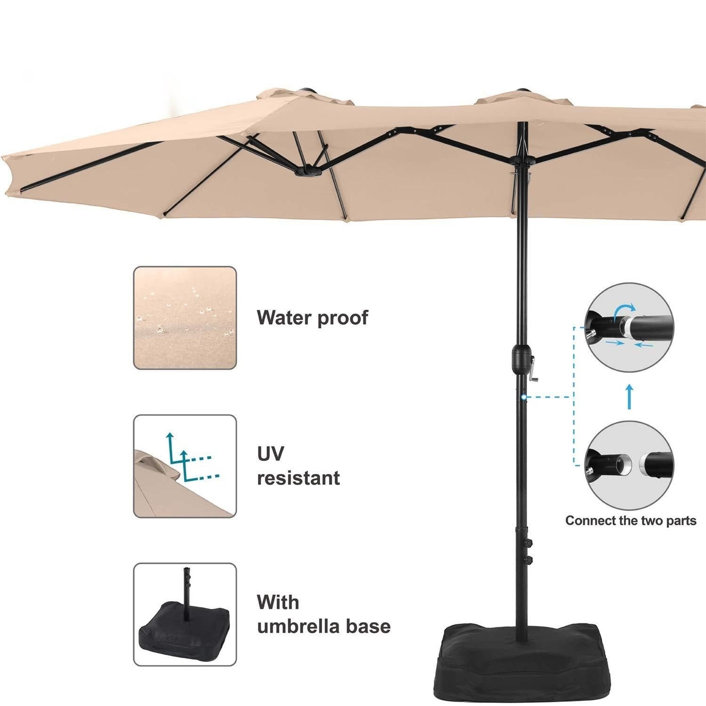 COOLBABY for Patio Beach, 15' Double Top Extra Large Parasol with Crank, Includes Base - COOLBABY