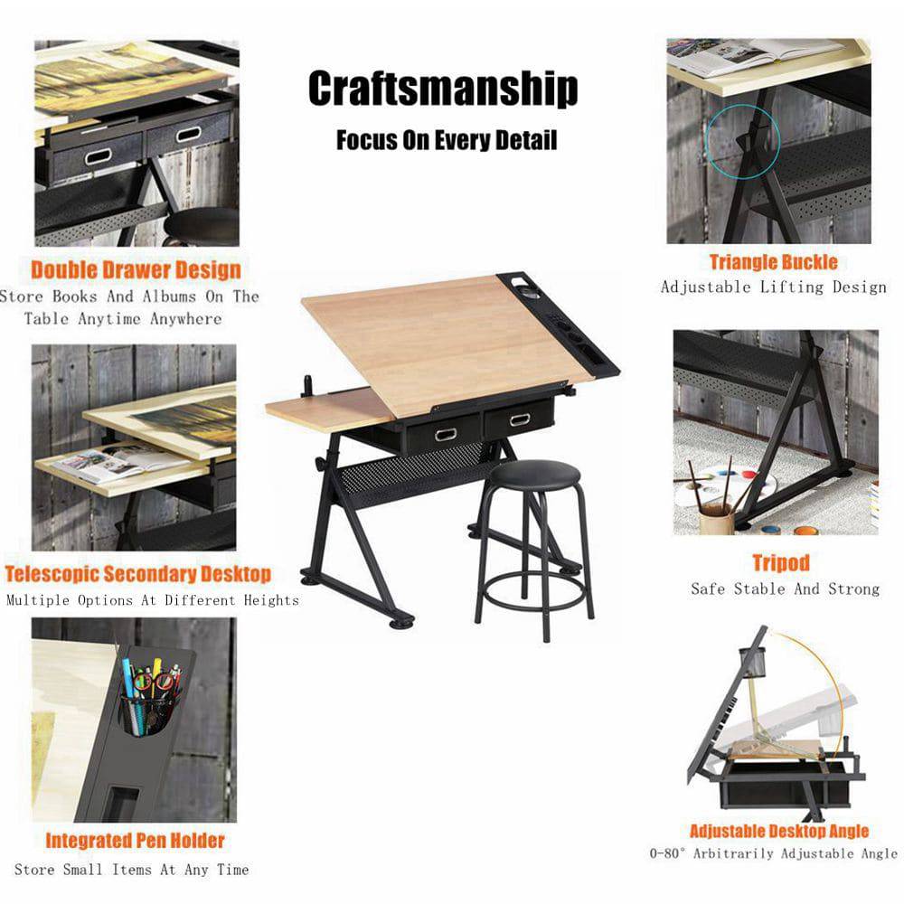 COOLBABY Height-Adjustable Ddrafting Ttable With Storage Cabinet 80° Adjustable Desk With Stool - COOLBABY