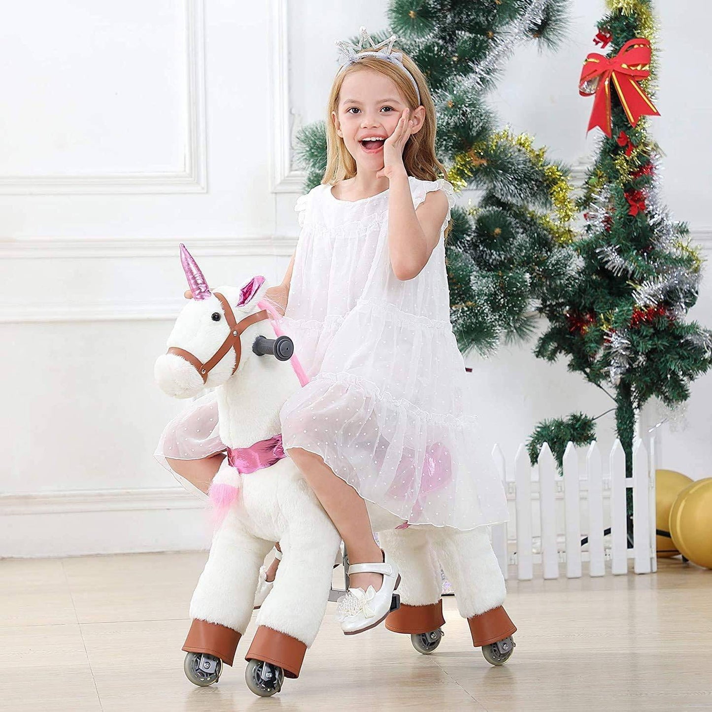 Mechanical Walking Unicorn Ride on Horse Toy with Wheels Giddy-Up Moving Horse Action Pony Riding on Toy Unicorn