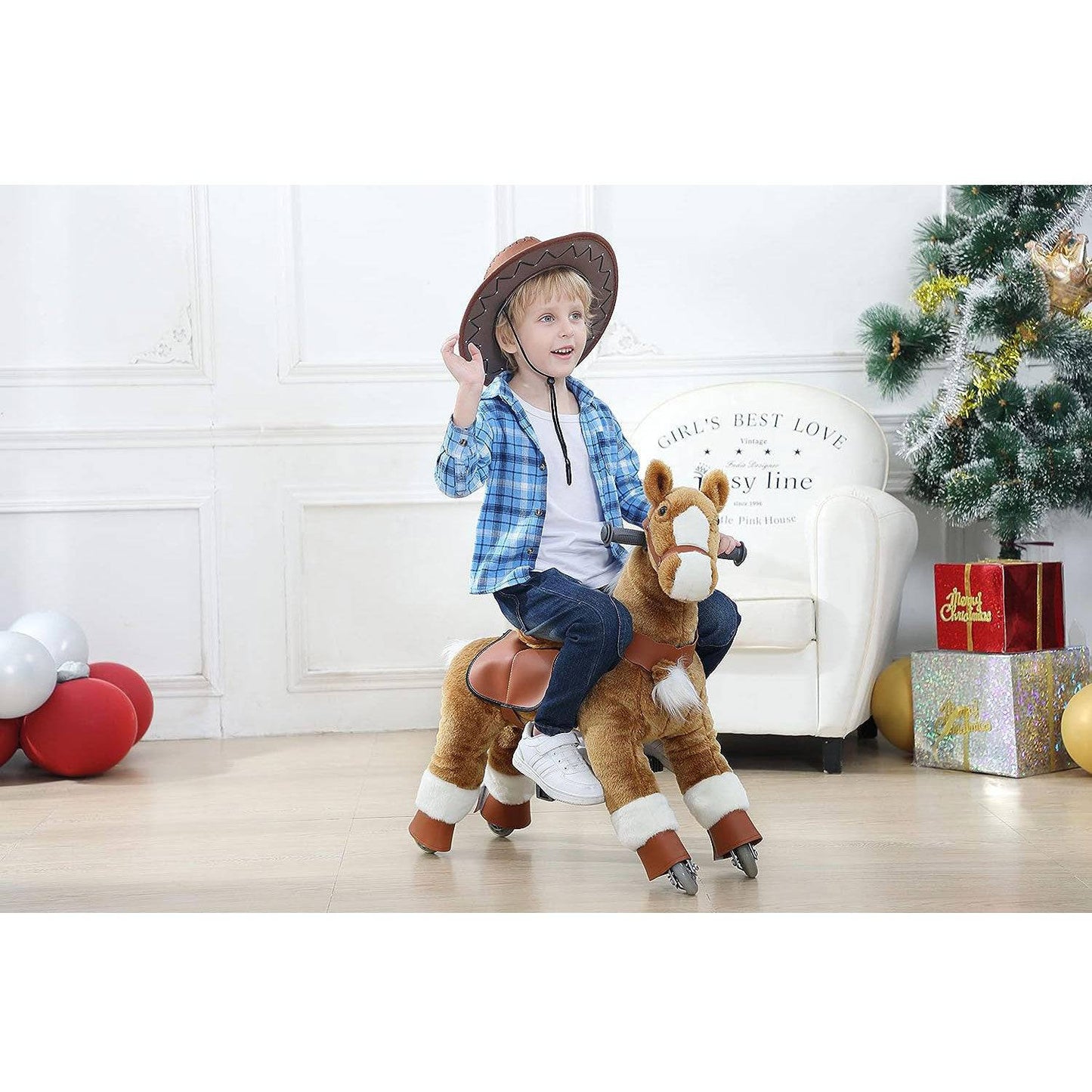 Mechanical Walking Unicorn Ride on Horse Toy with Wheels Giddy-Up Moving Horse Action Pony Riding on Toy Unicorn