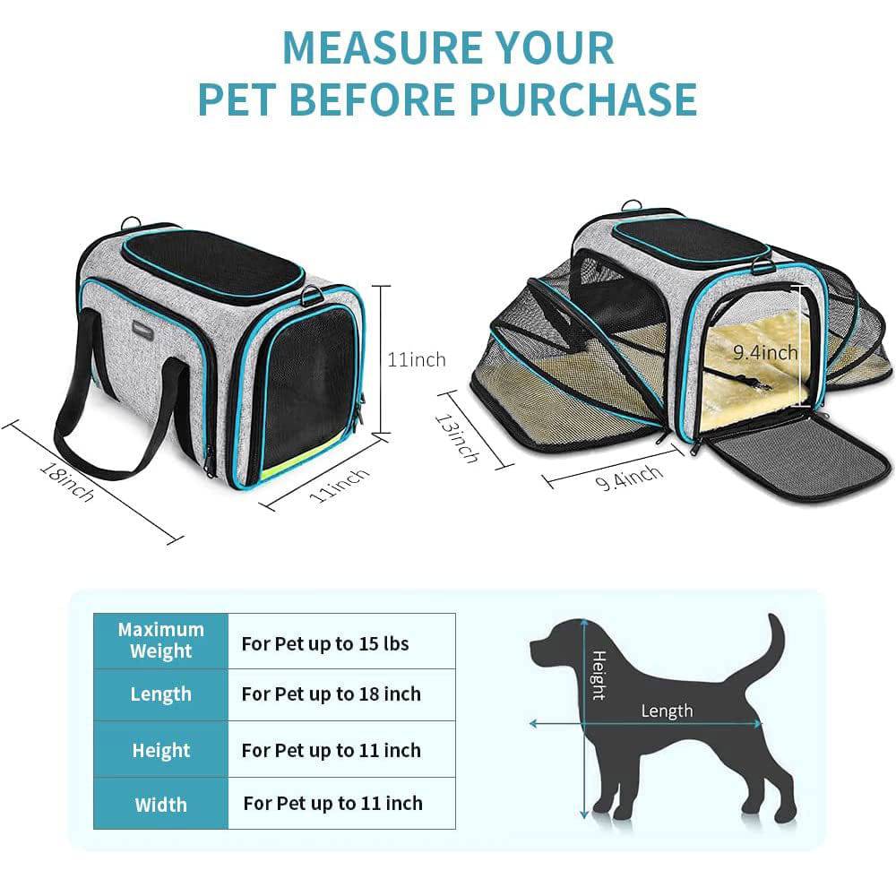 COOLBABY LZM-CWXDB Cat Carrier Airline Approved Pet Carrier,Pet Double Extension Foldable Bag for Traveling Portable Breathable Pet Carrier Bag,3 Open Doors,2 Reflective Tapes - COOLBABY