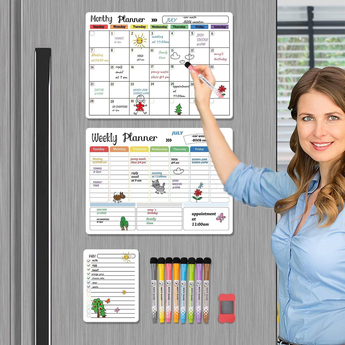 COOLBABY Magnetic Whiteboard Weekly Calendar Planner Board Set-Including Grocery Shopping List - COOLBABY