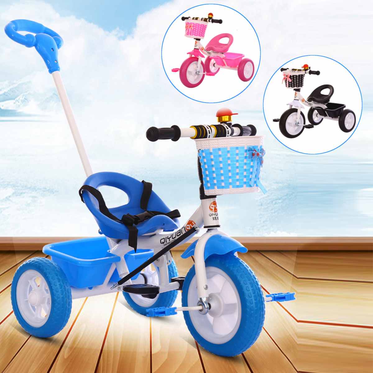 COOLBABY SLC04 Kids Toddler Tricycle 3 Wheel Baby Trikes Balance Bicycle Ride On Bike Walker With Push Bar & Basket - COOL BABY