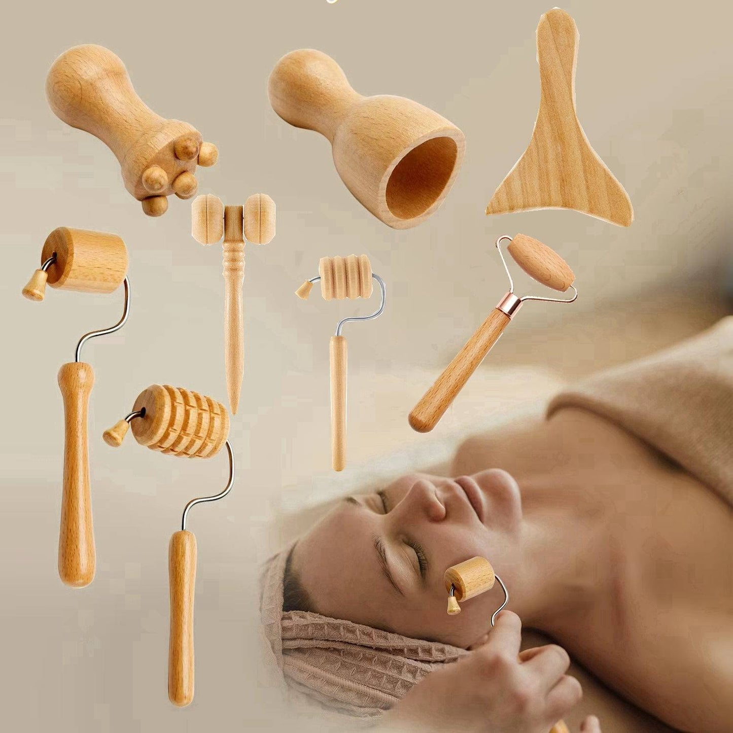 COOLBABY SSZ-AM02 Set Of 8 Wooden Facial Massage Tools V Shape Massage Roller Massager Skin Care Facial Tools Anti-Cellulite Tools Wrinkle Removal Tools - COOLBABY