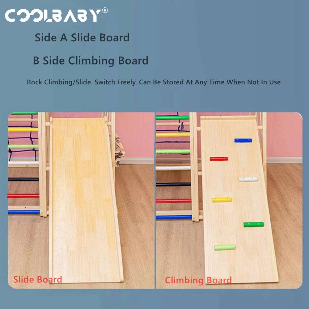 COOLBABY SSZ-PPJ01 6 in 1 Solid Wood Climbing Frame - Children's Indoor Wooden Rock Climbing Slide and Swing Combination - COOLBABY