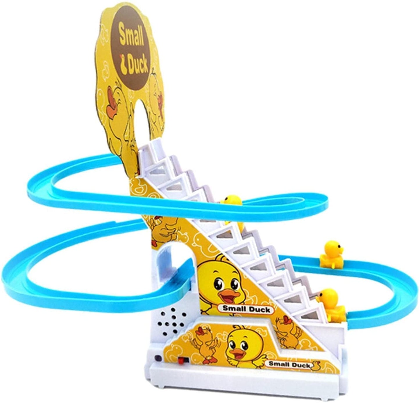 COOLBABY YLY2020 Duck Climbing Stairs Toy Rail Car Toy, Electric Music Climbing Stairs Toy Duck Race Track Set with LED Flashing Lights - COOLBABY