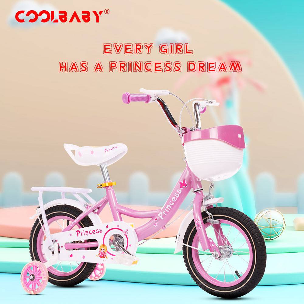 COOLBABY ZXC7602 Kids Bike with Hand Brake and Basket for Ages 3-8 Years, 12 Inch Princess Bikes Bicycles With backseat, Children Bicycle. (Pink) - COOLBABY