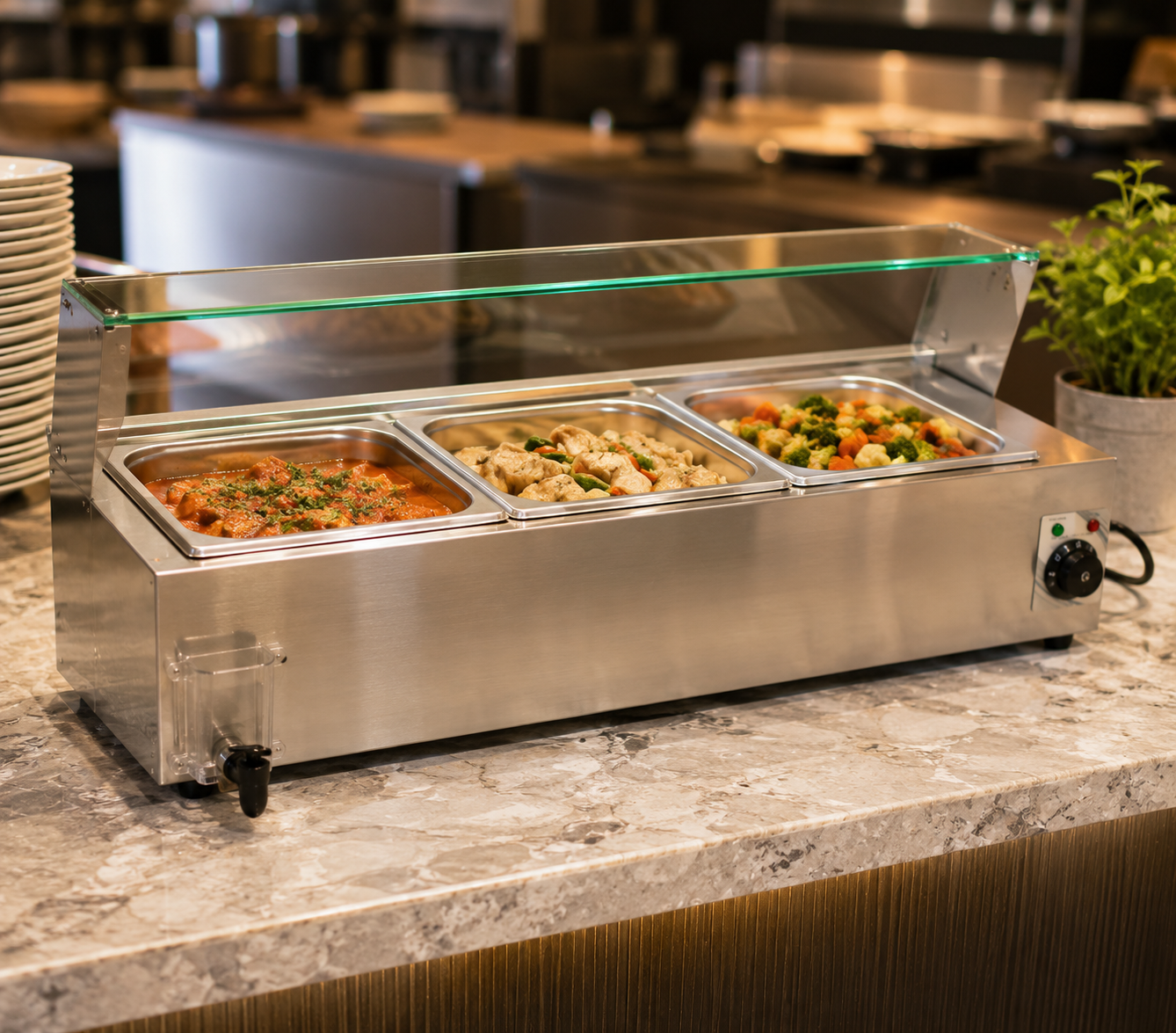 Electric Bain Marie Glass Counter 3 x 1/2 GN Food Warmer – 1.5KW Stainless Steel Display Buffet Warmer | GN HBM-22