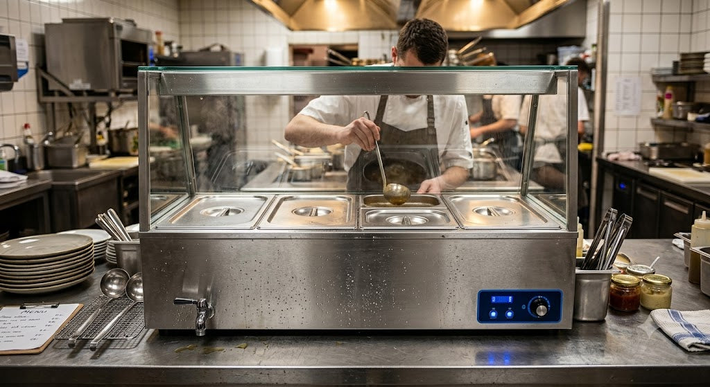 Glass Counter Bain Marie 4 x 1/2 GN – Electric Food Warmer 1.8KW with Temperature Control | GN HBM-24