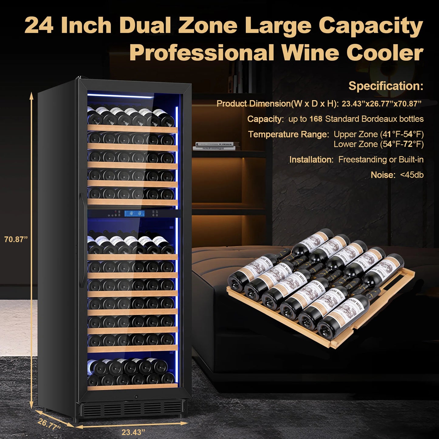 168-Bottle Built-in or Freestanding Dual Zone Wine Refrigerator with Stainless Steel Door