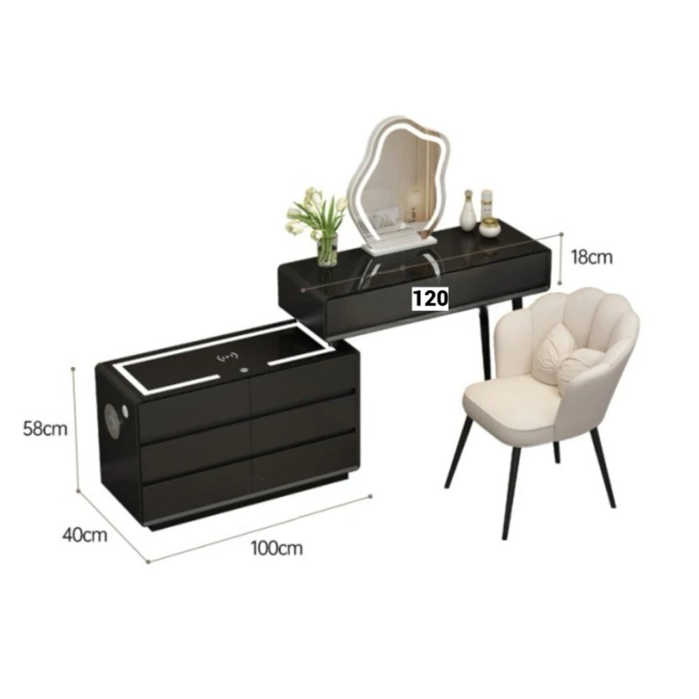 Smart Vanity Table with LED Mirror, Bluetooth Speaker, Wireless Charging - White, Solid Wood - COOLBABY
