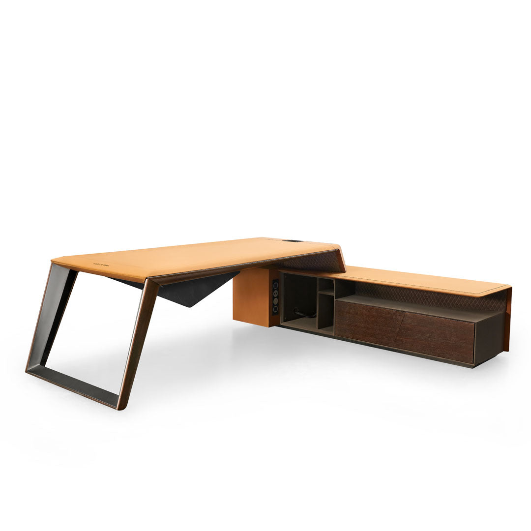 COOLBABY Executive Office Table H05 - Smoky Oak Veneer, Nubuck Leather Finish, High-Tech Features - COOLBABY