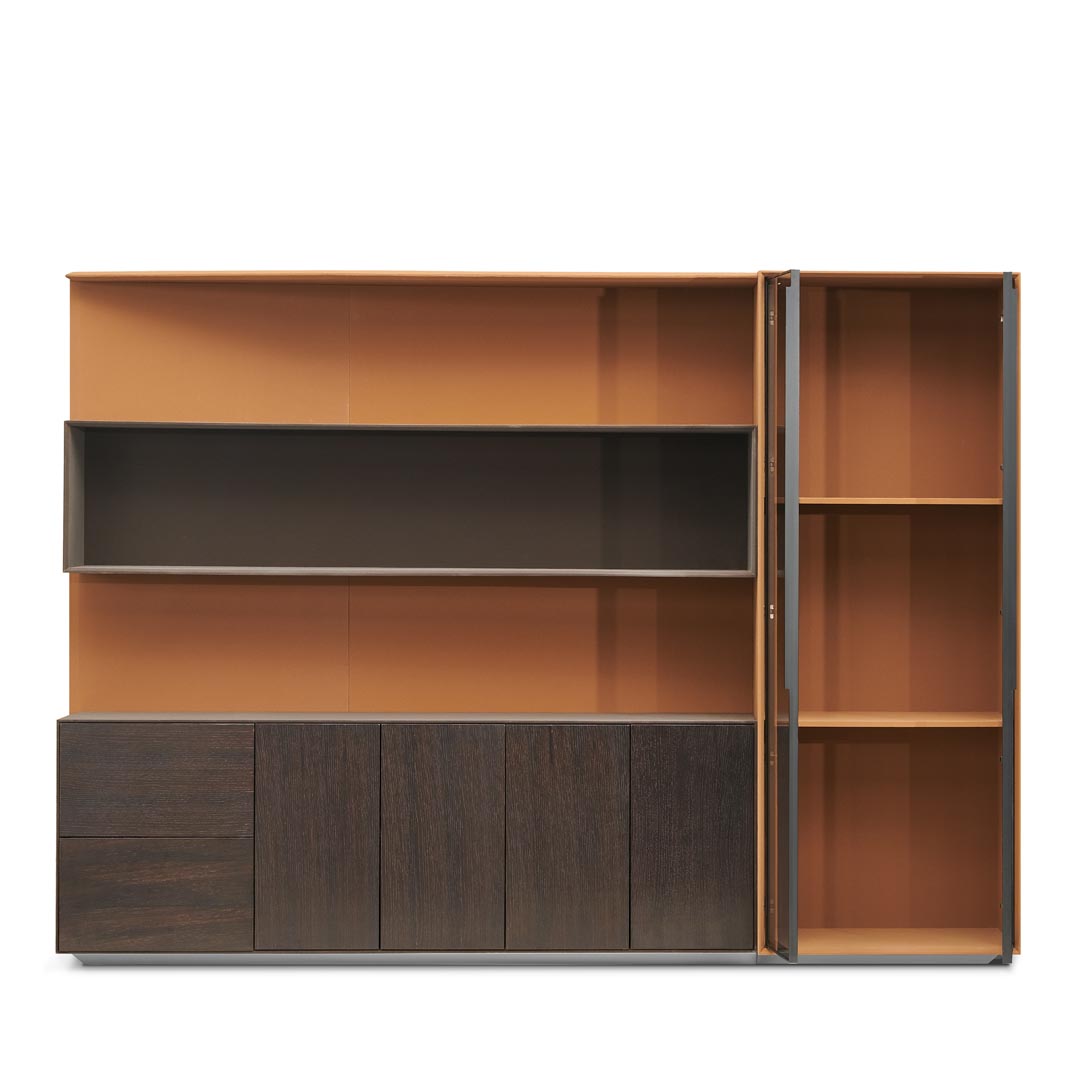 COOLBABY Luxury Executive Office Cabinet H05-B with Smoky Oak Wood Grain & Nubuck Leather Finish - COOLBABY