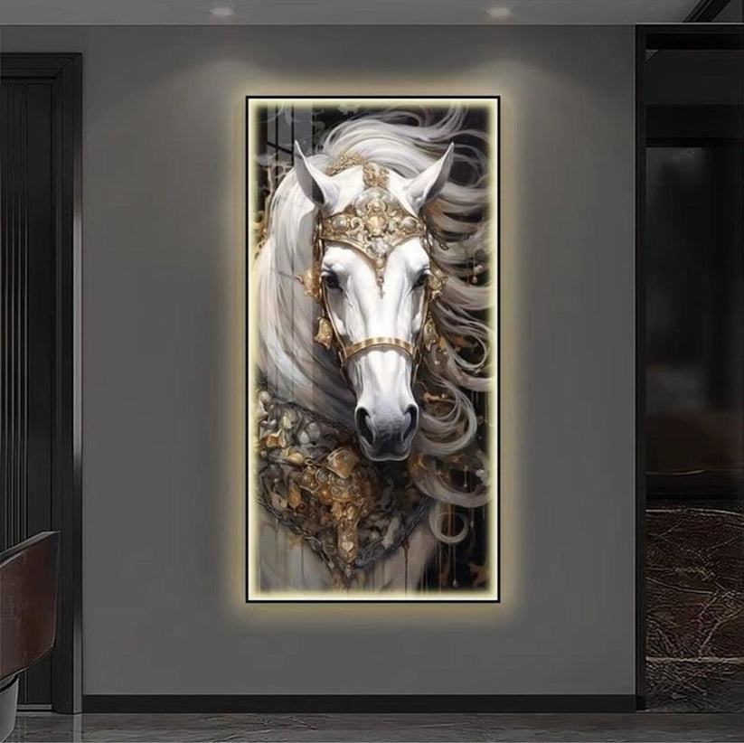 Large LED White Horse Painting Framed Wall Mural - COOLBABY