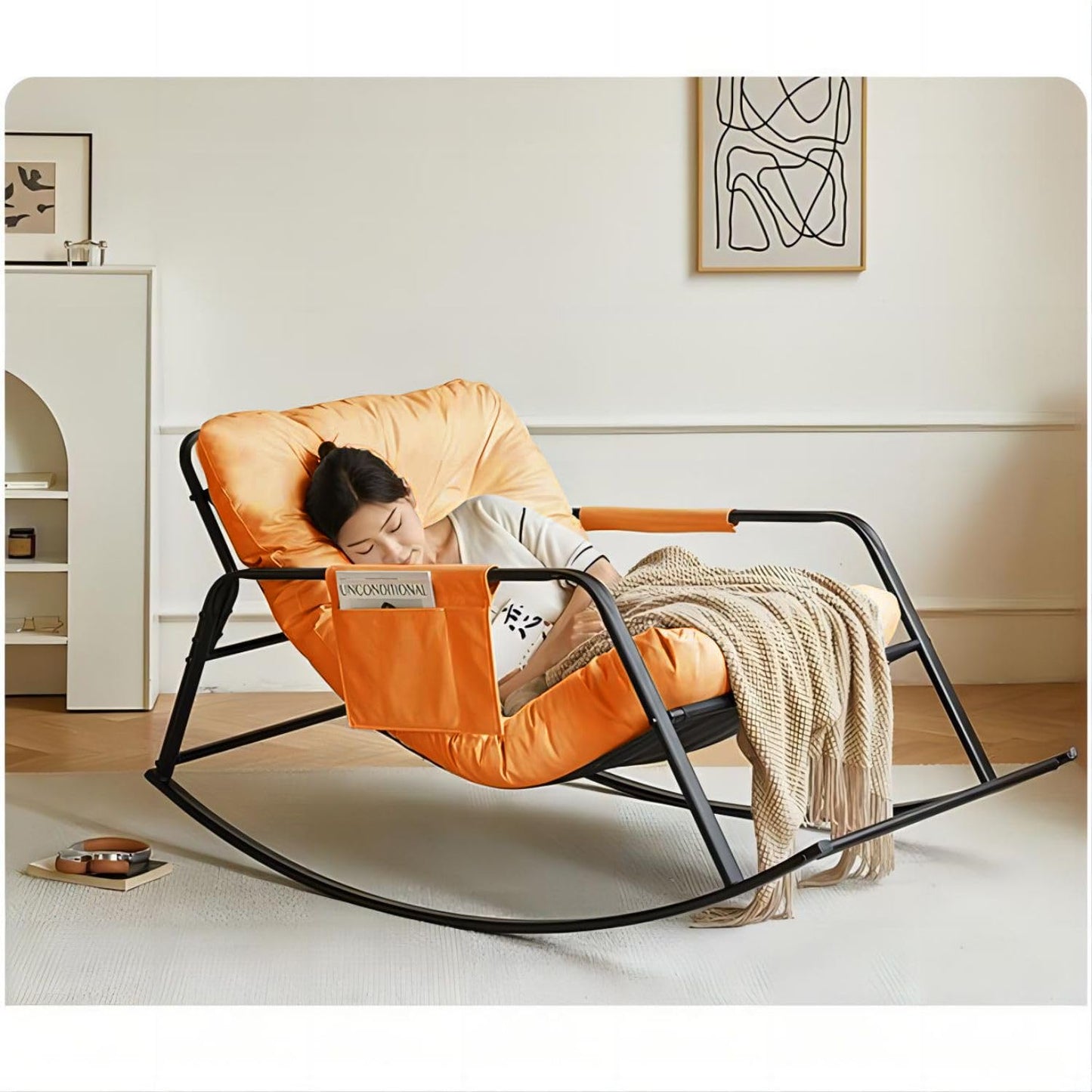 COOLBABY Rocking Chair Contemporary rocking chair with reclining position and side pockets Upholstered high back rocking chair orange - COOLBABY