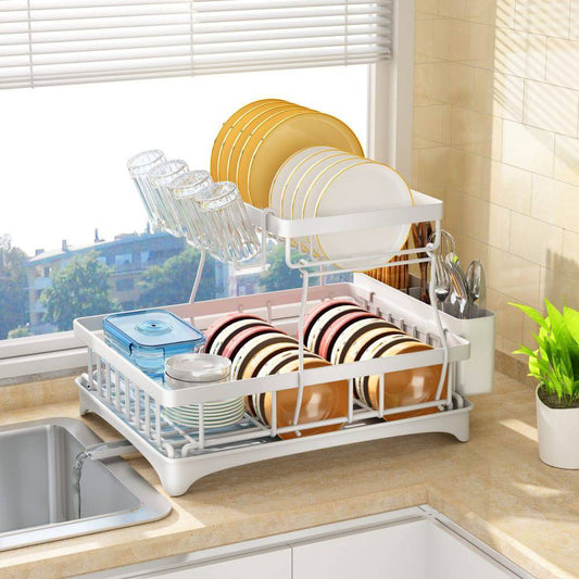 COOLBABY Dish Rack, Removable 2-Tier Dish Rack and Draining Board Set with Cutlery Rack, White - COOL BABY