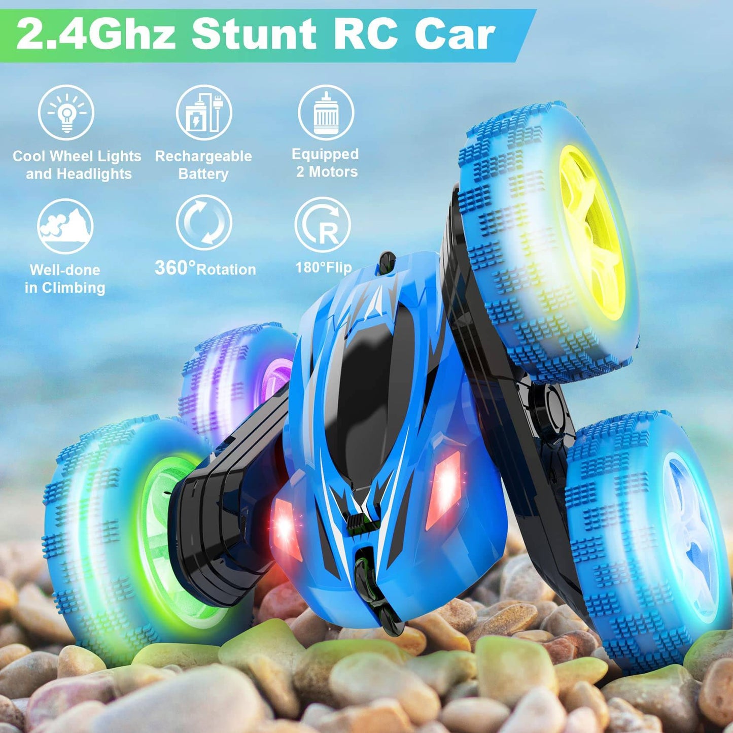 COOLBABY Remote Control Car, RC Cars 2.4GHz Fast Stunt RC Car, 4WD Double Sided 360° Rotating RC Trucks with Headlights, Off Road RC Crawler Toy Cars for Kids Boys Girls (Blue) - COOL BABY