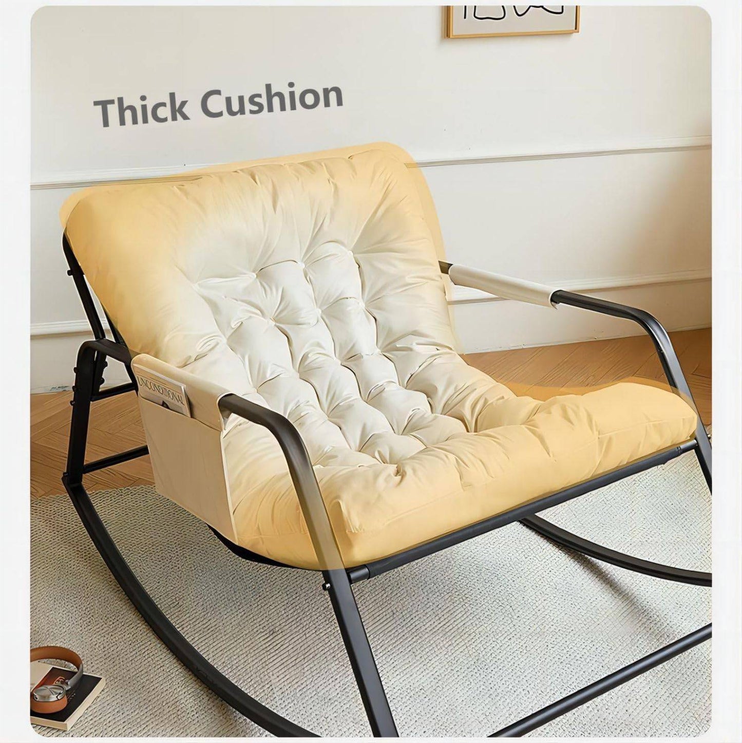 COOLBABY Oversized Rocking Chair, Casual Side Armchair, Comfortable Lunch Break Thick Technical Cloth Cushion, Steel Legs, Suitable for Living Room, Bedroom and Balcony Beige - COOL BABY