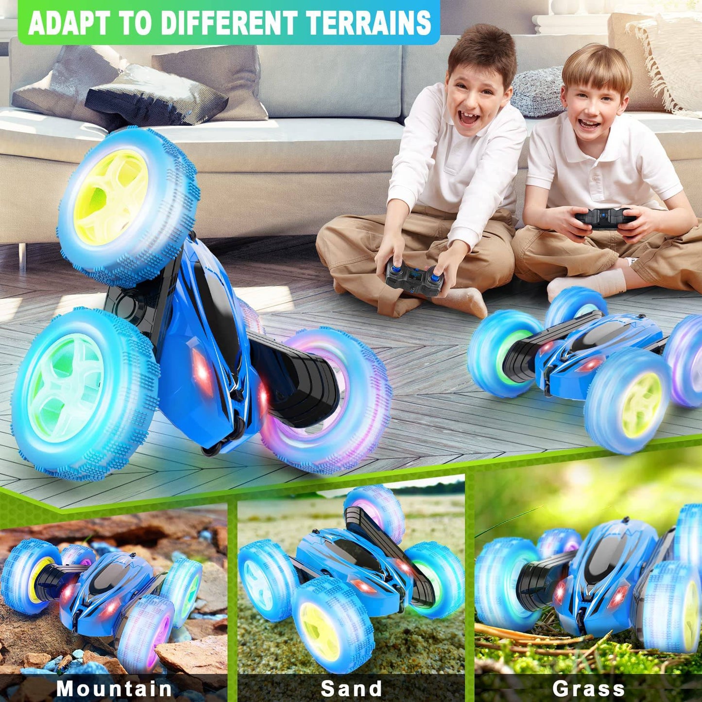 COOLBABY Remote Control Car, RC Cars 2.4GHz Fast Stunt RC Car, 4WD Double Sided 360° Rotating RC Trucks with Headlights, Off Road RC Crawler Toy Cars for Kids Boys Girls (Blue) - COOL BABY