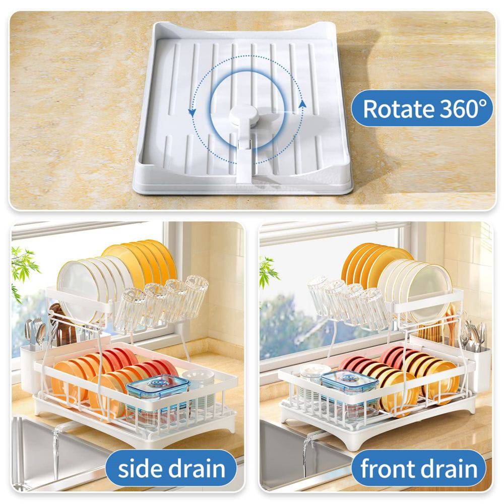 COOLBABY Dish Rack, Removable 2-Tier Dish Rack and Draining Board Set with Cutlery Rack, White - COOL BABY