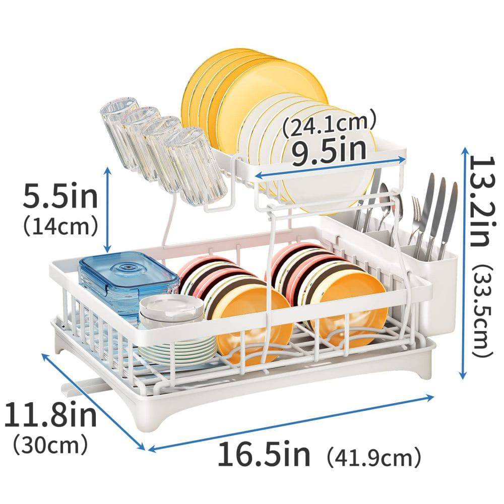 COOLBABY Dish Rack, Removable 2-Tier Dish Rack and Draining Board Set with Cutlery Rack, White - COOL BABY