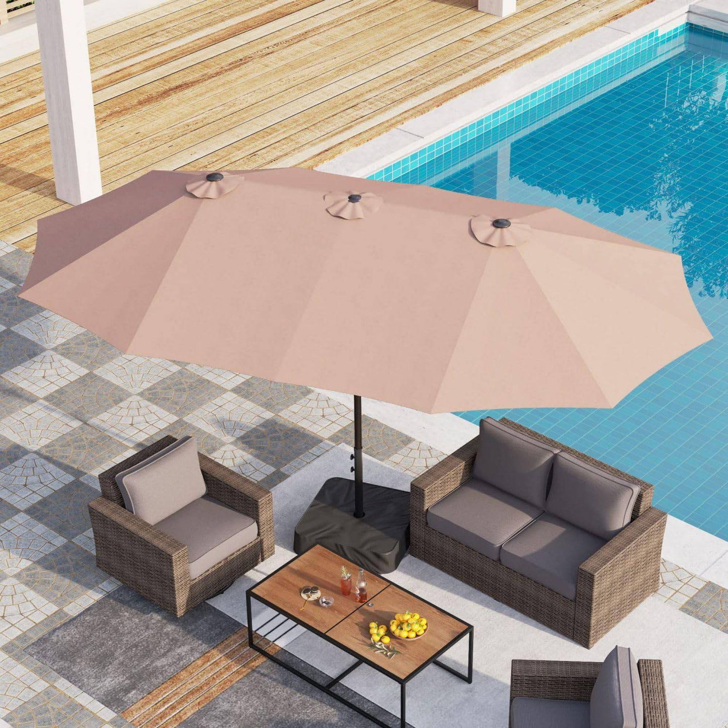 COOLBABY for Patio Beach, 15' Double Top Extra Large Parasol with Crank, Includes Base - COOL BABY